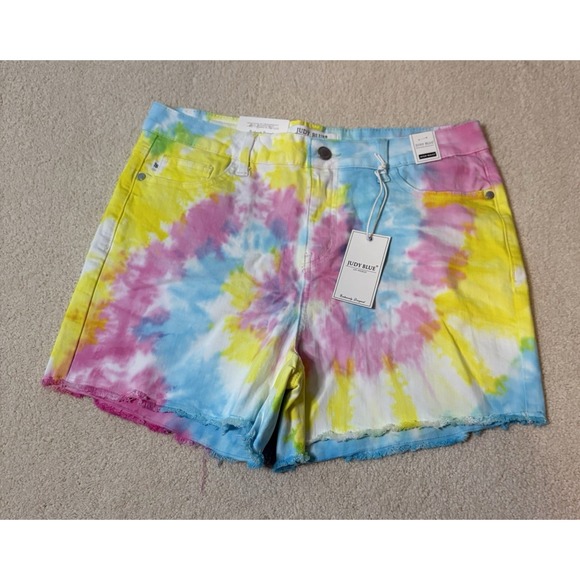 Judy Blue Pants - Judy Blue Womens L Tie Dye Denim Shorts Stretch NWT Blue Green Yellow Pink